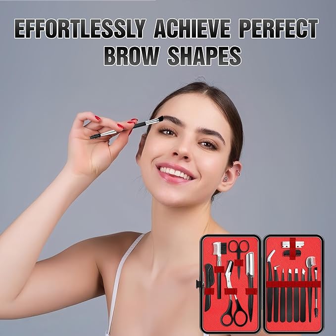 Eyebrow Kit for Men, 17 in 1 Tweezers for Women Facial Hair, Hair Scissors with comb, Eyebrow Trimmer, Brow Brushes, Hair Tools Travel Bag, Professional Grooming Tweezer for Men