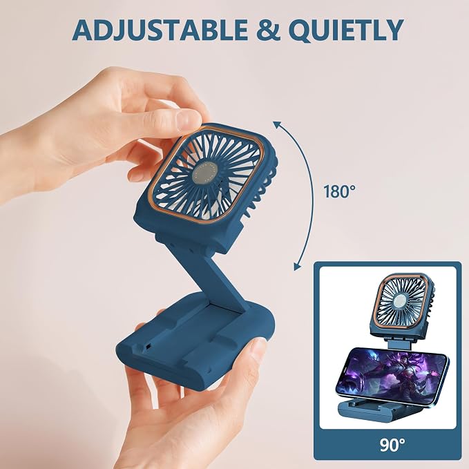Portable Handheld Fan with Phone Holder, 3000mAh Power Supply Rechargeable Neck Fan with USB Output, Foldable Small Fan 0-180° Adjustable, Ultra Quiet Personal Cooling Fan for Travel Office Home