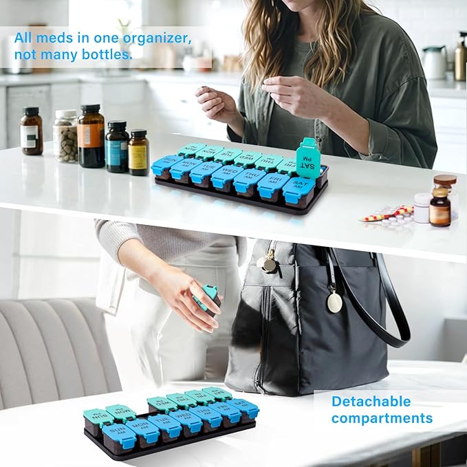 Large 7 Day Pill Organizer, XL AM PM Twice a Day Medicine Storage Box, Big 2 Week Pill Holder for Pills, Vitamins & Supplements, Travel Pill Case for Medication(Blue+Cyan)
