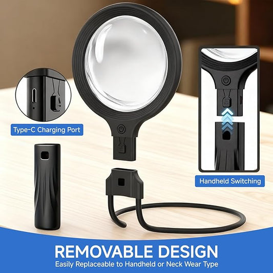 Neck Magnifying Glass with LED Light â 5X/10X Dual Lens, Hands-Free & Handheld, Adjustable Brightness, Perfect for Seniors, Crafters, Sewing, Reading & Repairing,Type-C Charging