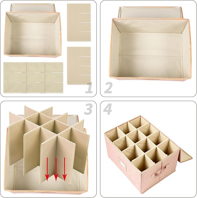 popoly Wine Glass Storage Box 2 Pack, Stemware Storage Containers Cases with Dividers, Stackable Moving Supplies for 24 Wine Glasses, Drinkware, Glassware or Crystal, (Beige)