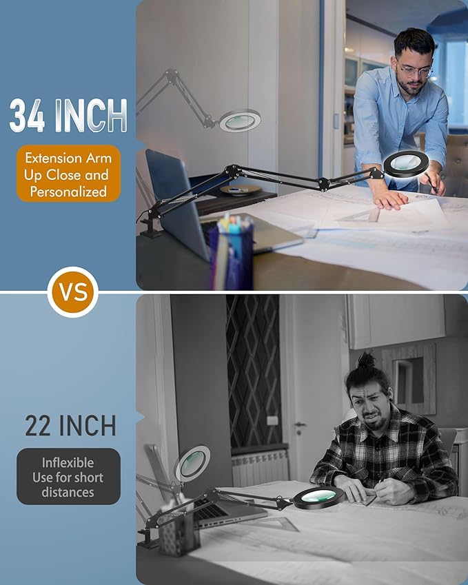 NOEVSBIG Magnifying Glass Desk Lamp with 3-Section Swing Arm and Big Clamp, Magnifying Glass with Light and Stand, 10X Wide Desk Magnifier Light for Reading/Office/Crafting/Close Work