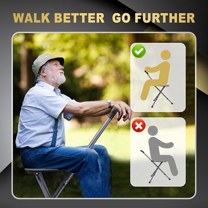 BigAlex Alloy Folding Cane with Seat, Lightweight Adjustable Walking Cane with Seat, Cane Seat with LED for Seniors, Cane Chair for Woman/Man,Anti-Slip Walking Stick for Seniors