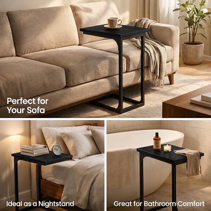 TEMI C Shaped End Table for Couch, Set of 2 Small Side Table for Sofa, TV Tray for Eating or Laptop, Accent Desk for Chair, Space Saving for Living Room Bedroom, Black