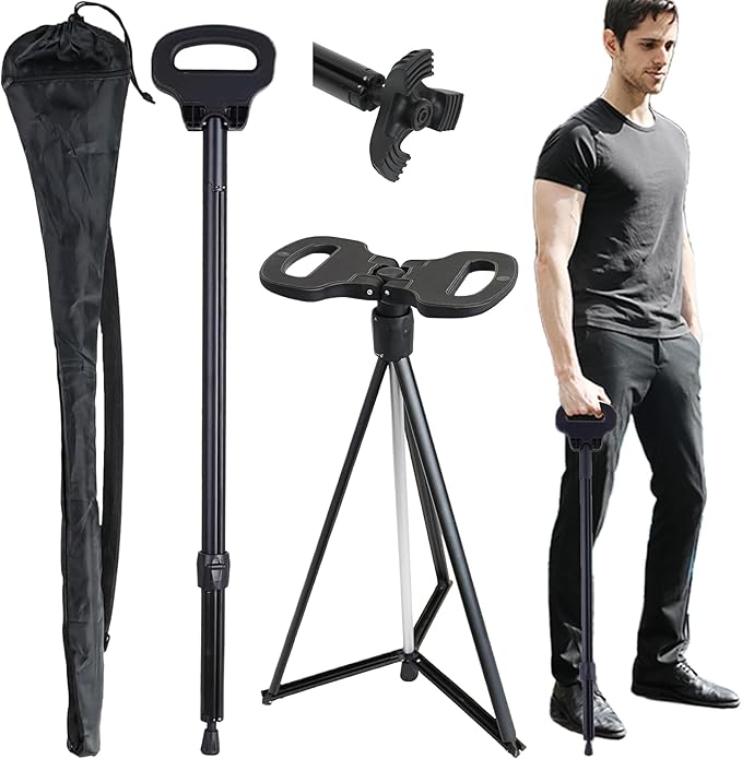 ALEVMOOM Folding Walking Cane with seat for Men & Women,2-in-1 Adjustable Portable Cane Chair,Walking Stick with Seat for Seniors & Adults,Crutches Stool with Carry Bag for Hiking Traveling