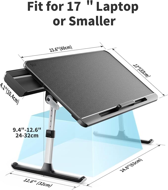 SAIJI Laptop Bed Tray Table - Adjustable Lap Desk for Couch (Dark Black) | Fits 17" Laptop, Work From Home & Dorm Study, with Storage Drawer & PVC Leather