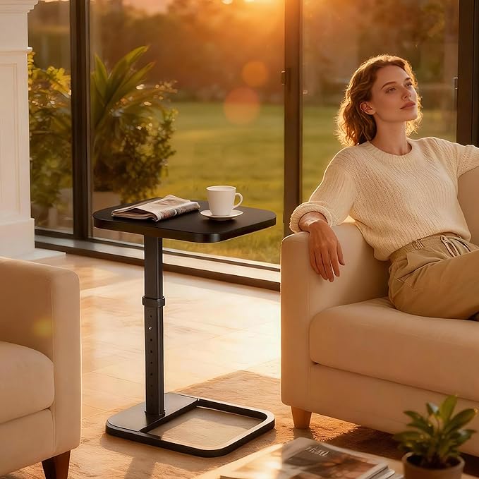 Kitstorack Upgraded TV Tray Table with Panel Lock, Adjustable Height & 90° Flip-Over Design, Sofa Arm End Side Table for Eating, Dinner, Snack, Laptop, Couch, Bed, Chair or Small Spaces, Black