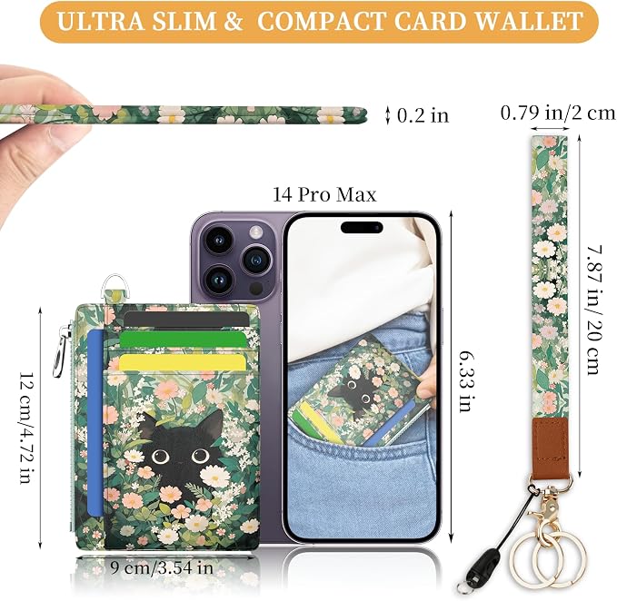 Hancynir Black Cat Floral Wallet Women Credit Card Holder, Wristlet RFID | Cute Keychain Lanyard Wallet, Travel Zipper Coin Pocket, Ladies Gifts Women, Minimalist Card Case, 6 Card Slots, PU Leather