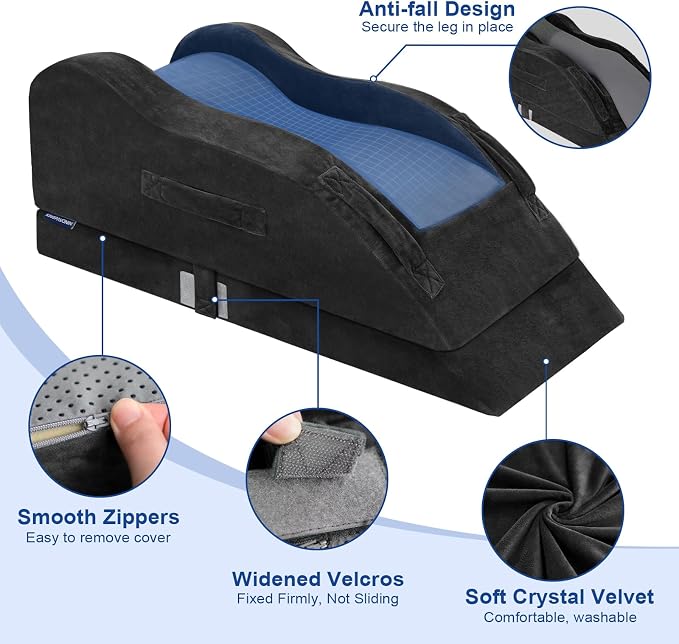 KingPavonini Adjustable Leg Elevation Pillows for After Surgery, Ergonomic Curve Keeps Knee Straight, Memory Foam Leg Pillow Elevation for Blood Circulation, Swelling and Pain Relief (Black)