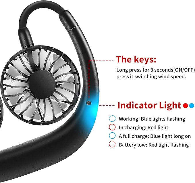 JUANANIUG Portable Neck Fan Rechargeable Personal HandFree Fan Mini USB Wearable Neckband Sport Fan 3 Speed Adjustable 360 Degrees Rotation Perfect for Working Traveling Office Reading (Full Black)