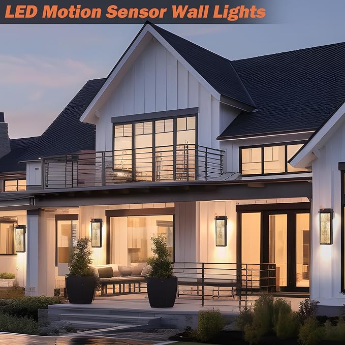 VenzBlomia 20” Large Brown Motion Sensor Dusk to Dawn Outdoor Wall Sconces | 2 Pack Oil Rubbed Bronze Outdoor Wall Lights with Water Ripple Glass, Weather Resistant Modern Elegance, Soft Warm Glow