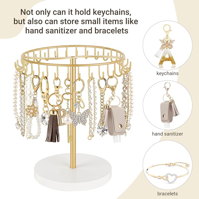 Dahey Keychain Holder Display Stand for Vendor, 30 Hooks Organizer for Desk | Space-Saving, Versatile Storage Keychain Bracelets Bag Charms, Sturdy Wood, Easy Assembly, for Study Entryway Decor, Gold