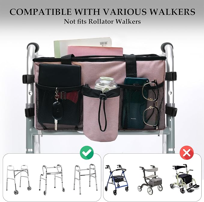 Walker Accessories for Folding Walker Seniors with Cup Holder Walker Bag Organizer Pouch Storage Buckle Carry Things -Pink