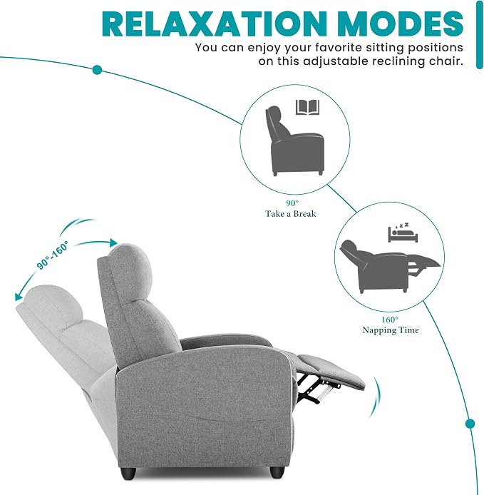 Sweetcrispy Recliner Chair Fabric Recliner Sofa No Massage, Home Theater Seating with Lumbar Support, Adjustable Push Back Overstuffed High-Density Sponge Reclining for Living Room, Grey