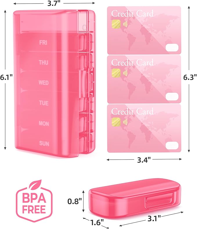 PULIV Weekly Pill Organizer with Large Capacity, Dual Protection Pill Box 7 Day, Arthritis Friendly Pill Case Easy to Open, Medicine Organizer for Vitamins, Medications, Fish Oils, Supplements (Pink)