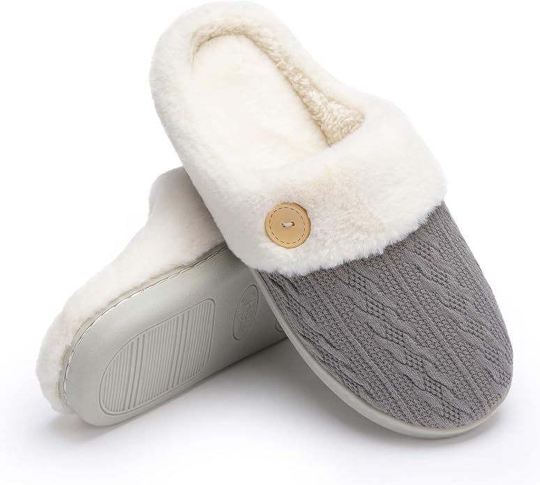 Chantomoo Womens Slipper Warm Comfy Memory Foam House Slippers Knitted Shoes Faux Fur Lined Anti-Skid Rubber Sole Bedroom Cozy Indoor Outdoor Slippers