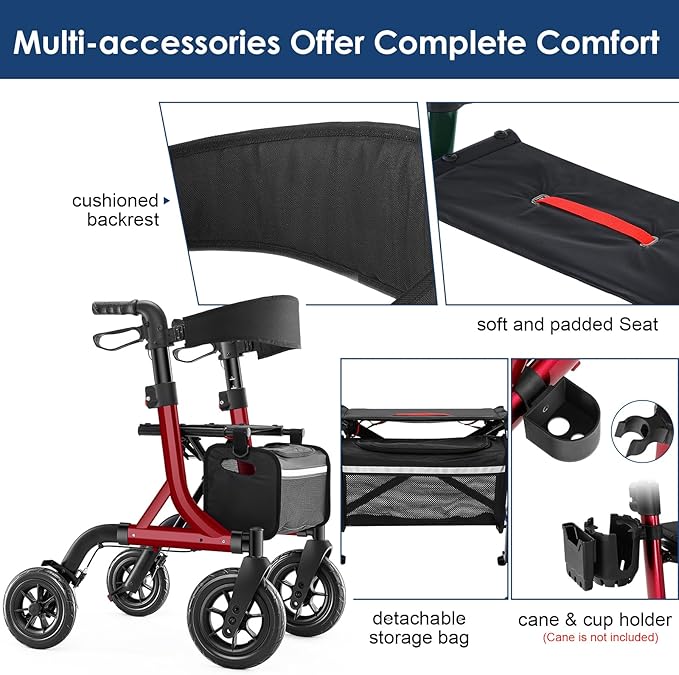 Walkers for Seniors, Rollator Walker with Seat, 10" Rubber Wheels All Terrain Rollator Walker with Backrest, Aluminum Walkers Built-in Cable, Foldable and Adjustable Height for Seniors, Red