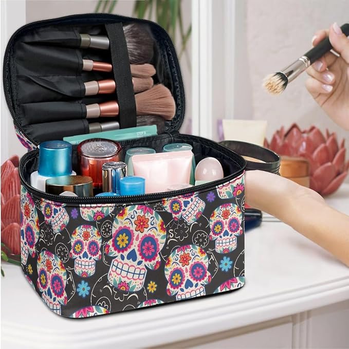 Mexican Sugar Skulls Makeup Bag for Traveling Mexico Style Women Toiletry Bag, Day Of The Dead Candy Skull Flowers Makeup Organizer Bag Large Cosmetic Accessories
