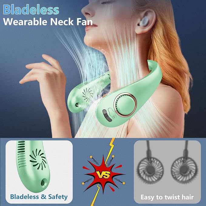 Personal Fan Neck Fan Mister-Fold away Wearable around the Neck Fan, Cordless Bladeless Personal Cooling Device,Neck Coolers for Women Men Kids Dad Mom Extremely Hot Weather Indoor Outdoor Green