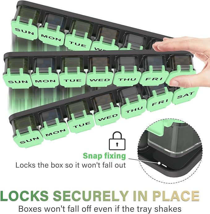 Extra Large Weekly Pill Organizer - XL Vitamin Holder with 7 Detachable Compartments, Portable Medicine Pill Organizer for Supplements, Daily Pill Case for Home and Travel,Green