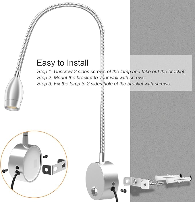 Wall Mounted LED Reading Light with 360° Flexible Gooseneck, Dimmable Bedside Reading Lights for Books In Bed, Plug In Headboard Night Lights, Eye-Caring, 3 Colors Temperature, Touch Control-1 Pack