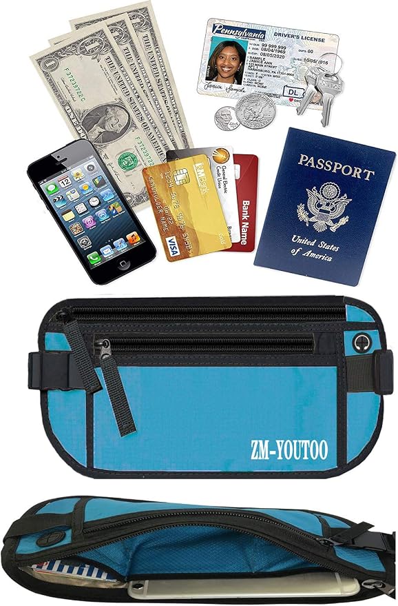 ZM-YOUTOO Money Belt for Travel - Hidden Travel Pouch Protect Your Credit and Money With RFID Blocking Passport Holder Waist Wallet (Blue)