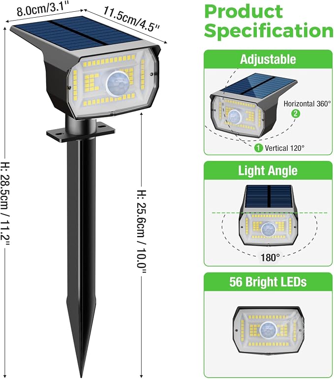 nipify Solar Lights Outdoor Waterproof, Motion Sensor Spot Landscape Light | 4 Pack/3 Modes/56 LED, Cool White, Solar Powered, Lighting for Outside Pathway Yard Lawn Garden Walkway Pathway