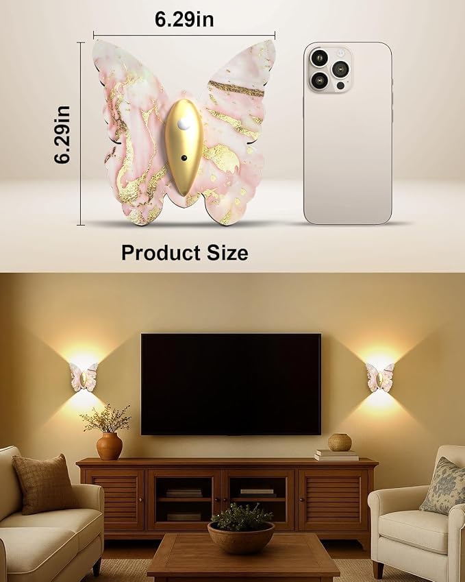 Eneru Motion Sensor Wall Sconce Set of 2, Rechargeable Wall Lights, Indoor | 5000mAh Battery Operated Wall Sconces, Magnetic Butterfly Motion Night Light for Hallway Stair Closet Pantry, Pink & Gold