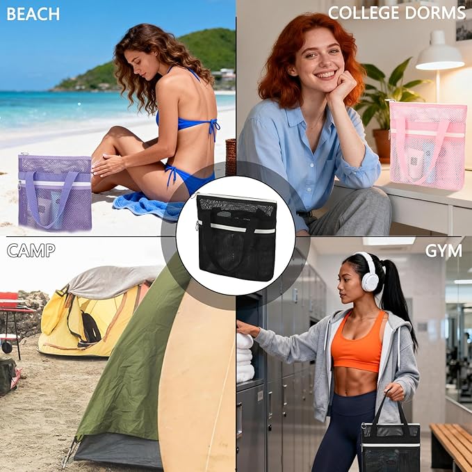 GYEUKHAM Portable Mesh Shower Caddy with 2 Zipper Pockets & Dual Handles, Quick-Drying Hanging Shower Tote for College Dorm, Gym, Travel & Camping, Pink