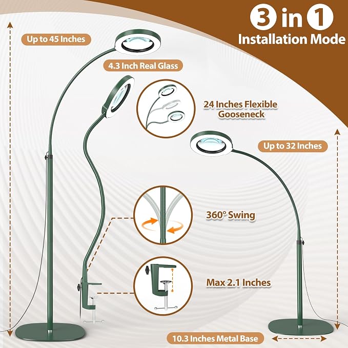10X Magnifying Glass with Light and Stand, 24" Flexible Gooseneck Magnifying Floor Lamp, 3-in-1 LED 5 Color Modes Stepless Dimmable Lighted Magnifier Hands Free for Close Work, Reading - Green