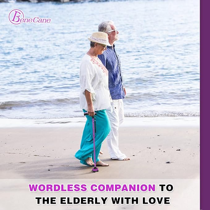 BeneCane Walking Cane for Men & Women Walking Stick for Seniors Folding Canes Quad Cane Adjustable Lightweight Sturdy Collapsible Heavy Duty with Soft TPR T-Handle and Travel Bag