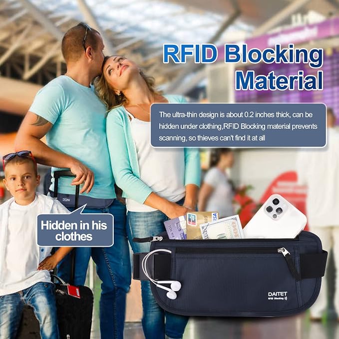 RFID Blocking Money Belt for Men Women, Slim Fanny Pack for Travel,Running,Conceal Waist Wallet for Passport Holder,Phone,Cash(Black Dark Blue)