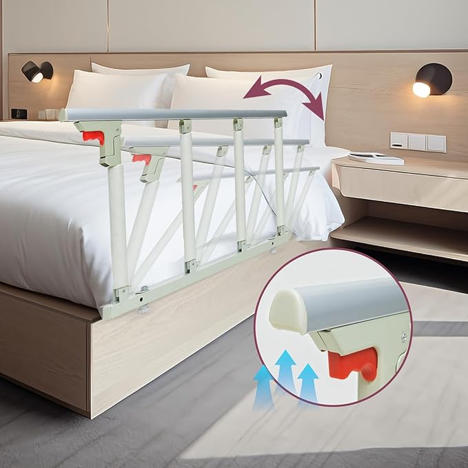 30″ Folding Bed Rail–Safety Bed Rails for Elderly Adults (Twin–King,Tool-Free) Supports300lbs|Non-SlipStrap&FoamBase|180°Fold-DownDesign|Height17–21″Adjustable|PaddedGrip&OrganizerPouch