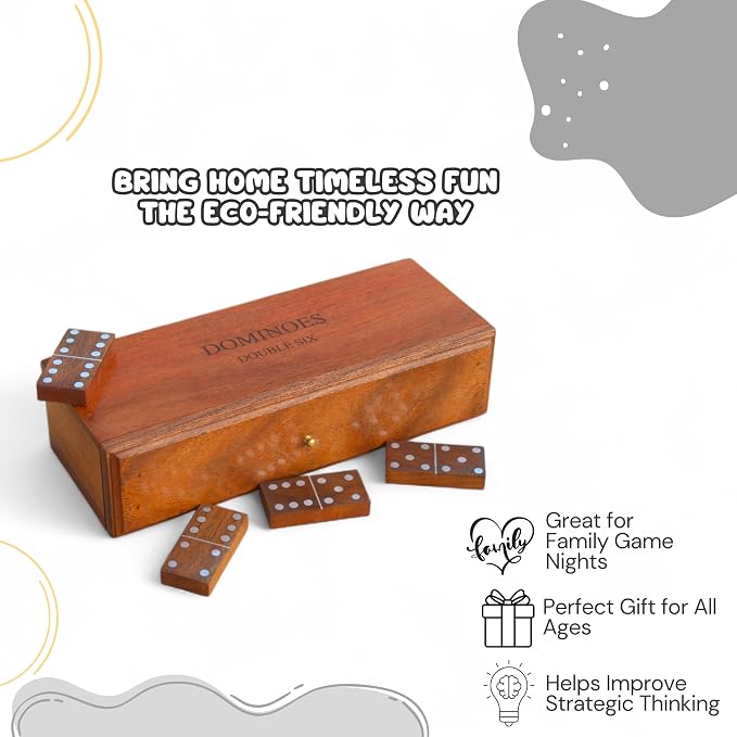 T one Handmade Dominos Set for Adult and Kids with Wooden Box(28 Tiles) | Double six Dominos for Indoor Play | Family Party Game | Gift for Birthday/Christmas/Father Day (Design-3)