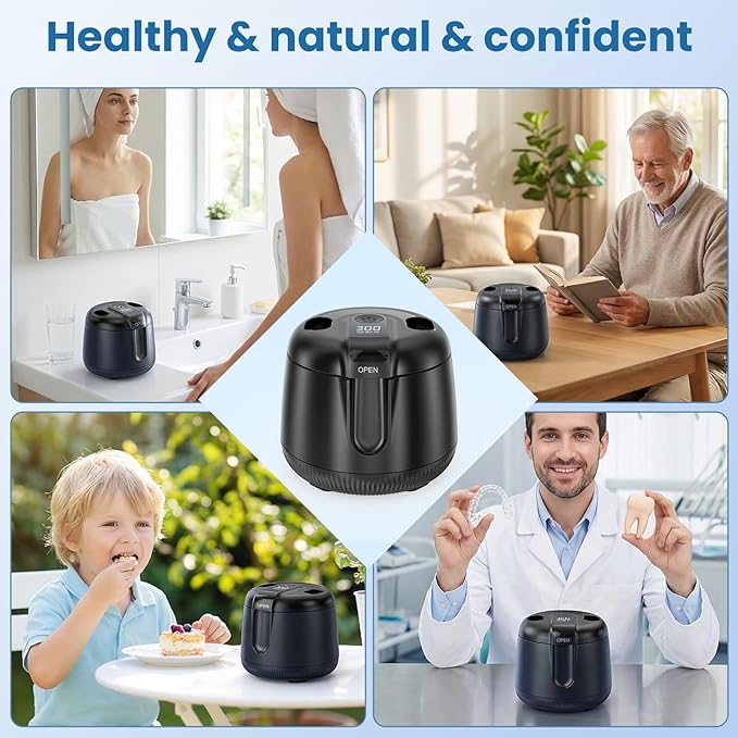 Ultrasonic Retainer Cleaner Machine, 48kHz Rechargeable Cordless Denture Cleaner with 4000mAh Battery, 200ML Dental Cleaning Pod for Dentures, Mouth Guards, Aligner, Night Guard, Jewelry Black