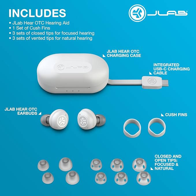 JLab, Hear, OTC Hearing Aid & Earbuds, Bluetooth, True Wireless, in-Ear Detection, Feedback Suppression, Cloud White