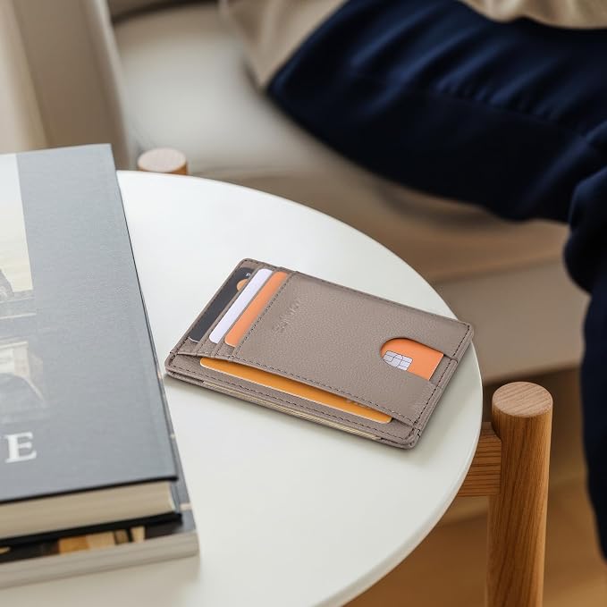 Buffway Slim Minimalist Front Pocket RFID Blocking Leather Wallets for Men and Women - Lichee Khaki