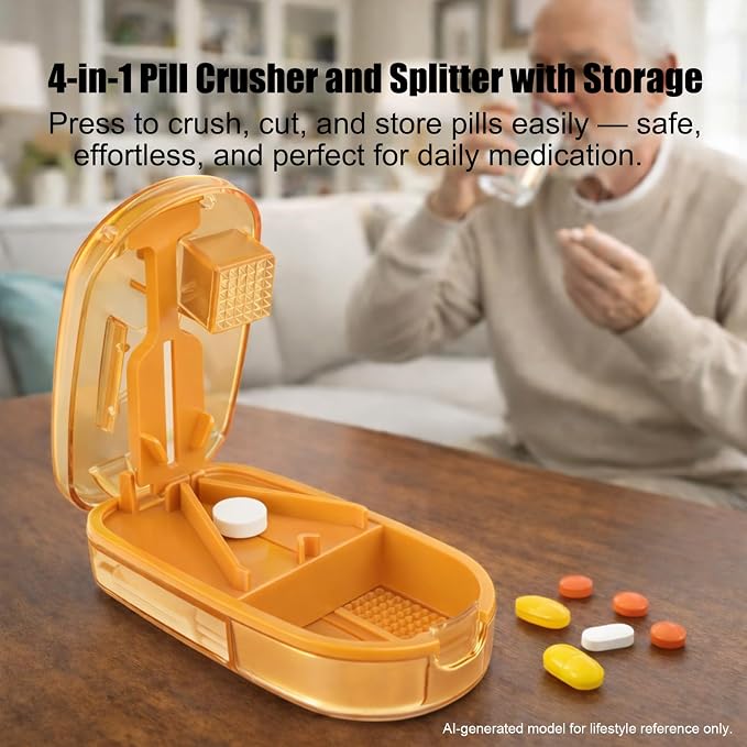 Pill Cutter and Crusher, Tablet Splitter for Small and Tiny Pills, Pill Storage and Built-in Cleaning Brush, for Small and Large Pills, Vitamins and Medications with Safety Blade Guard– Orange