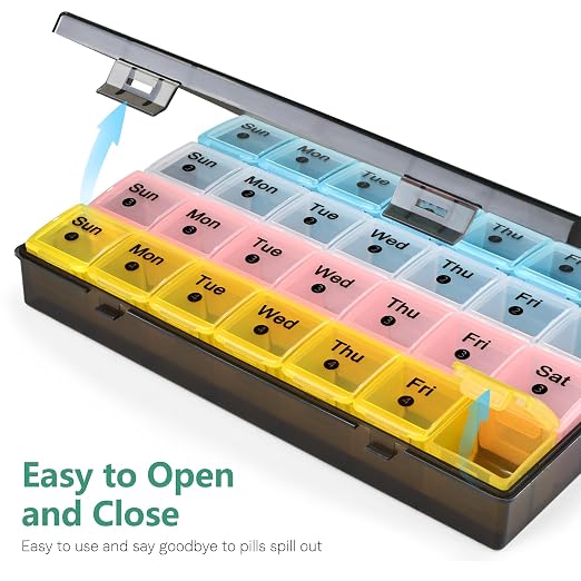 FHORAIN Monthly Pill Organizer 28 Day, 4 Weeks Pill Box 7 Day, XL Weekly Medicine Organizer for Vitamins, Fish Oil, Supplements (Multicolor+Black)