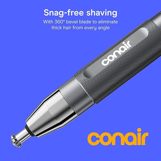Conair Cordless Nose Ear and Eyebrow Trimmer Grooming Kit | 5-Piece Metal Grooming Kit with Patented 360° Bevel Blade for Safe Trimming, Metallic, PG7500R