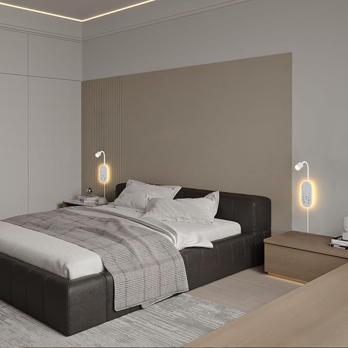 Books Lights for Reading Set of 2, Bedside Wall Mounted Reading Light with 3 Color Temperature & Timers, Touch Control Stepless Dimmable Wall Sconces, Flexible Gooseneck Bed Lights for headboard