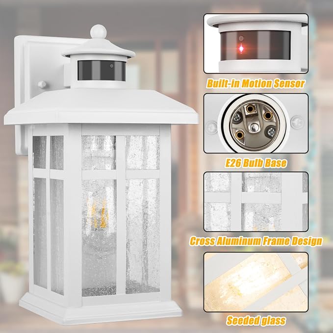 2 Packs Motion Sensor Outdoor Lights, Outside Light Fixtures for House | Porch Lights Outdoor with E26 Sockets & Tempered Glass, Dusk till Dawn Waterproof Exterior Wall Lights Motion Sensor, White