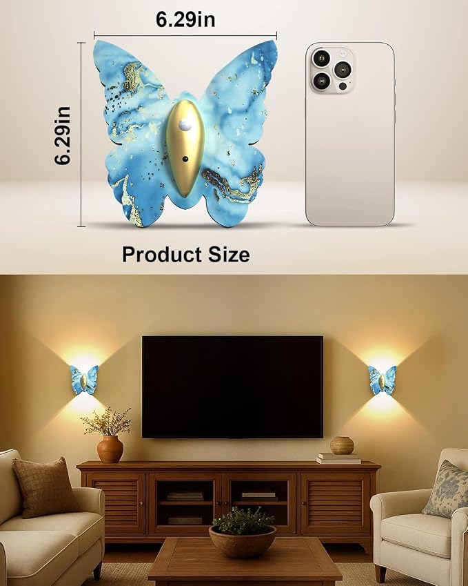 Eneru Motion Sensor Wall Sconce Set of 2, Rechargeable Wall Lights, Indoor | 5000mAh Battery Operated Wall Sconces, Magnetic Butterfly Motion Night Light for Hallway Stair Closet Pantry, Blue & Gold