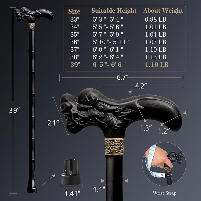 Wooden Walking Cane, 3D Dragon Engraved Cane Support up to 400 lb, Canes for Seniors Men Women of Different Heights