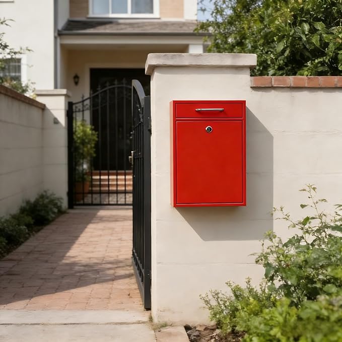 KYODOLED Locking Wall Mount Mailbox for Outside, Drop Box, X-Large, Red | Heavy-Duty Steel, Outdoor Mail Box with Key Lock, Large Capacity, Home, Office & Apartment Use, 16.2H × 11.2L × 4.6W In