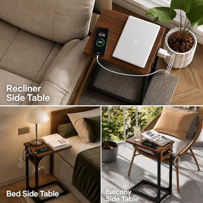 TEMI C Shaped End Table for Couch with Charging Station, Small Side Table TV Tray for Eating or Laptop, Accent Desk for Sofa or Chair, Space Saving Living Room Bedroom, Rustic Walnut