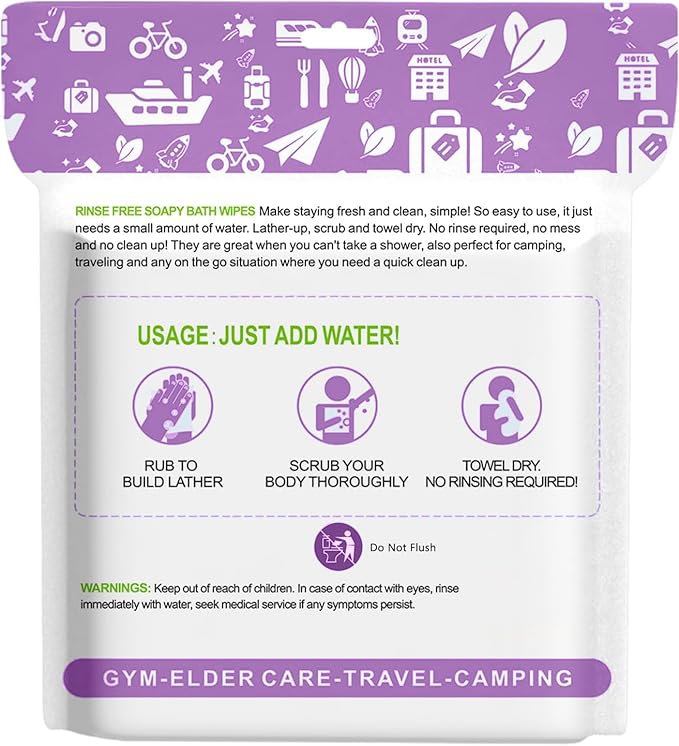 8 Packs XL No Rinse Body Wipes for Adults Bathing, Rinse Free Bathing Shower Wipes for Adults. Soap Infused, Disposable Body wipes for Elderly 200 PCS for Camping, Elderly, Post Surgery, Gym