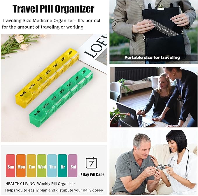 2 Pack Weekly Pill Organizer, Large 7 Day Pill Case, Daily Vitamin Case Medicine Box, AM/PM Pill Containers for Medicine Supplements Fish Oil (Orange & Green)