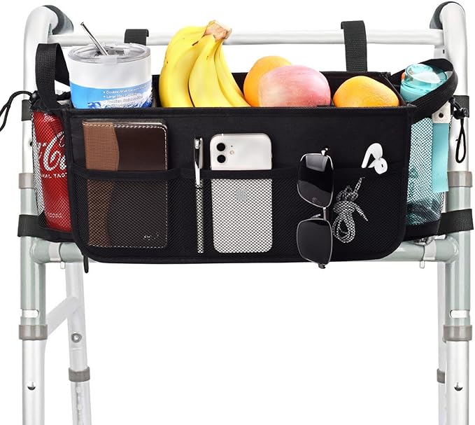 Upgrade SKLK-SEL Walker Basket Walker Bag with Cup Holder, Foldable Walker Storage Bag Rollator Accessories Bag with Big Capacity for Seniors Walker and Rollator Walker. Suitable for Most Walkers