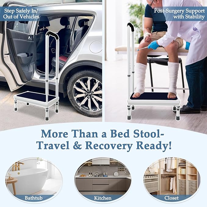 Step Stool with Handle for Elderly - Bedside Assist Step Stool for High Beds, Adults Fall Prevention, Seniors Non-Slip Wide Platform Step for Medical Stool, Bathtub, SUV Car (21.65-Stool)
